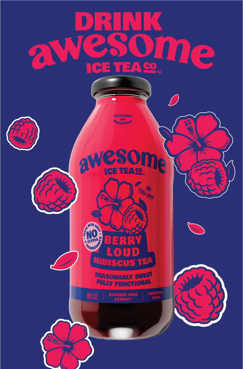 Red bottle of Awesome Ice Tea Co. on a blue background with floral designs