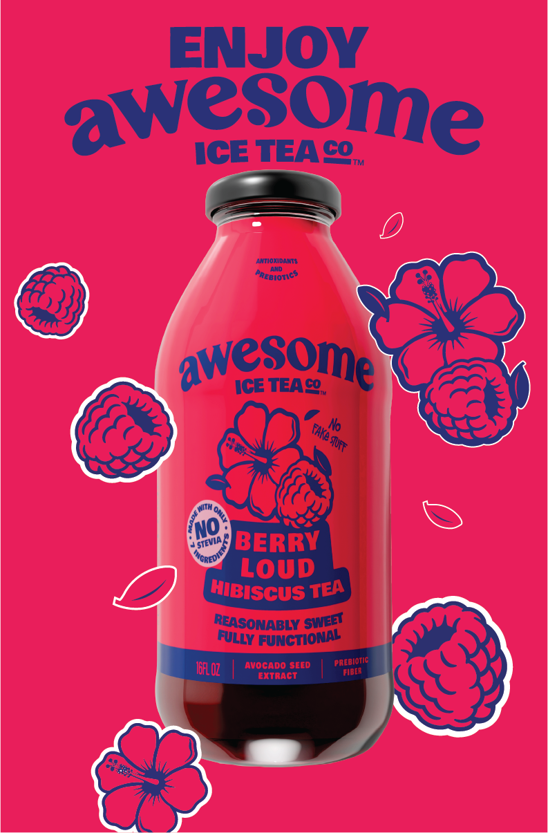 Red bottle of Awesome Ice Tea Co. Berry Loud Hibiscus Tea on a pink background with floral graphics.