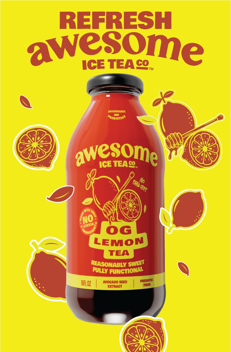 Bottle of Awesome Ice Tea Co. OG Lemon Tea on a yellow background with lemon illustrations.