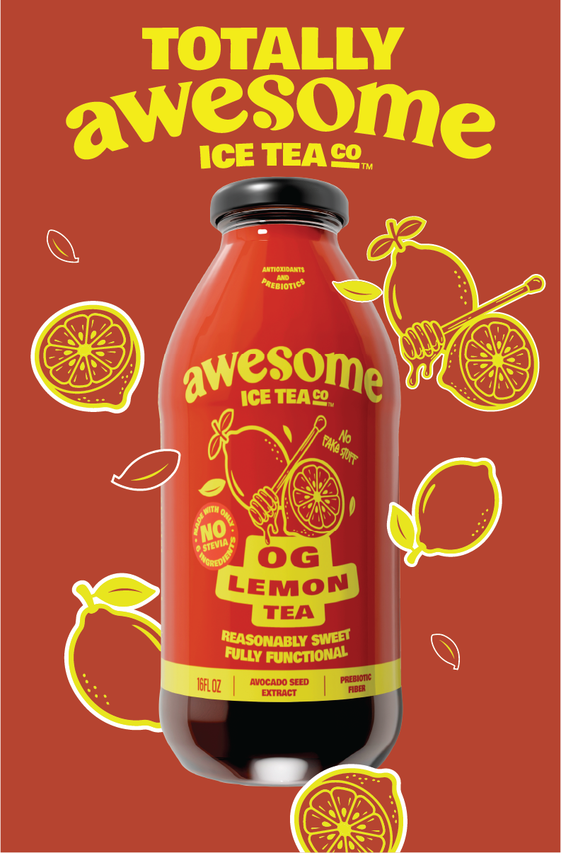 Bottle of Awesome Ice Tea Co. OG Lemon Tea on a red background with lemon illustrations.