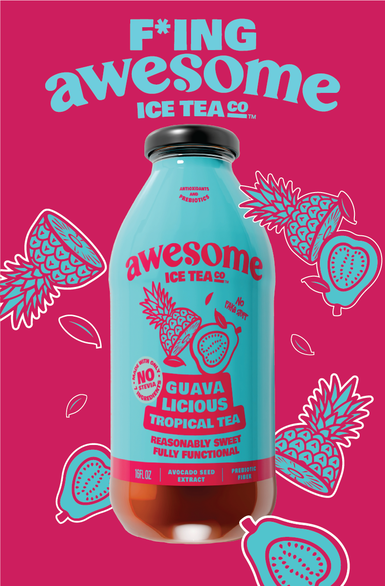 Light Blue Bottle of Awesome Ice Tea Co. Guava Licious Tropical Tea on a pink background with graphics.