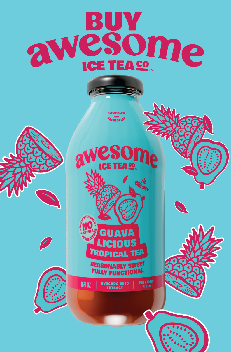 Light Blue Bottle of Awesome Ice Tea Co. guava tropical tea with decorative pomegranate illustrations on a blue background