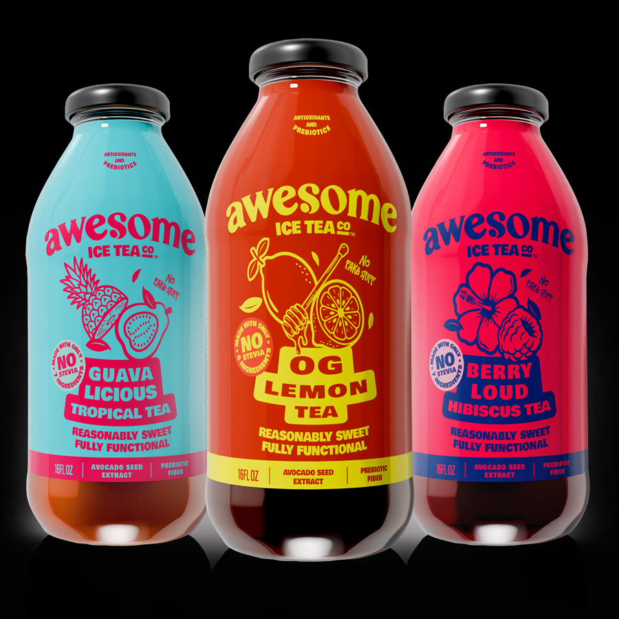 Three bottles of Awesome Ice Tea Guavalicious Berry Loud Hibiscus OG Lemon on a black background
