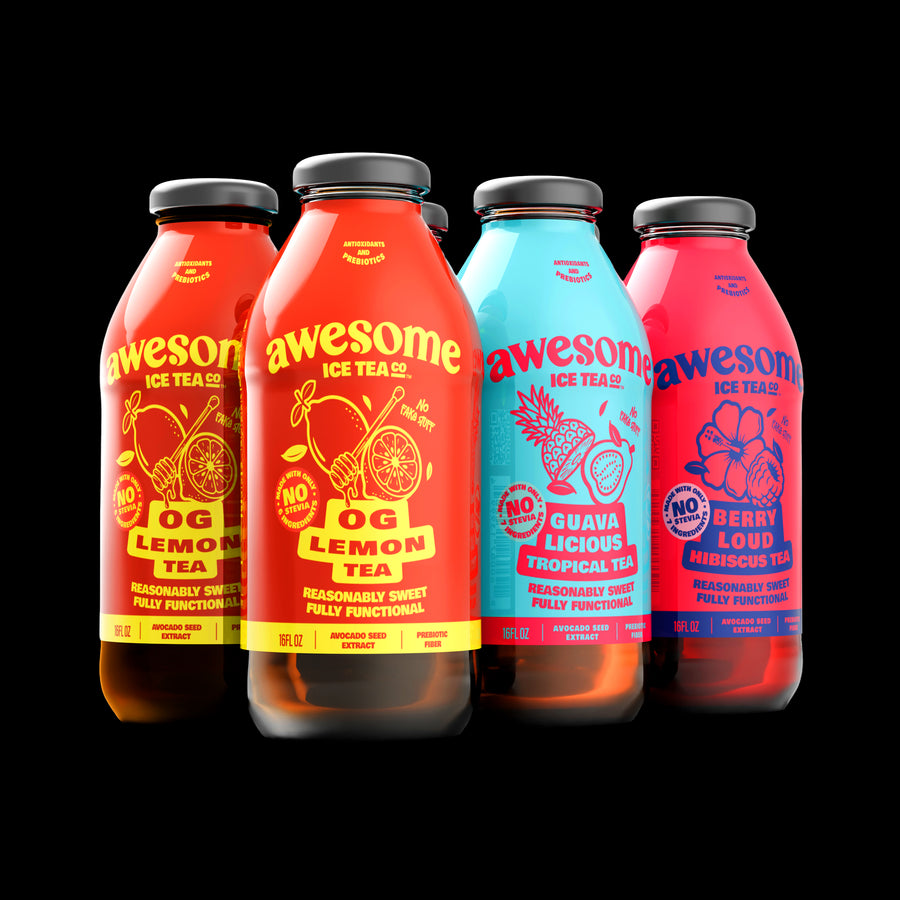 Six bottles of Awesome Ice Teas in different flavors on a black background