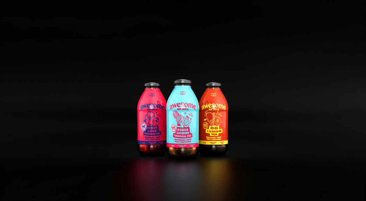 Three Awesome Ice Tea bottles centered on a dark banner