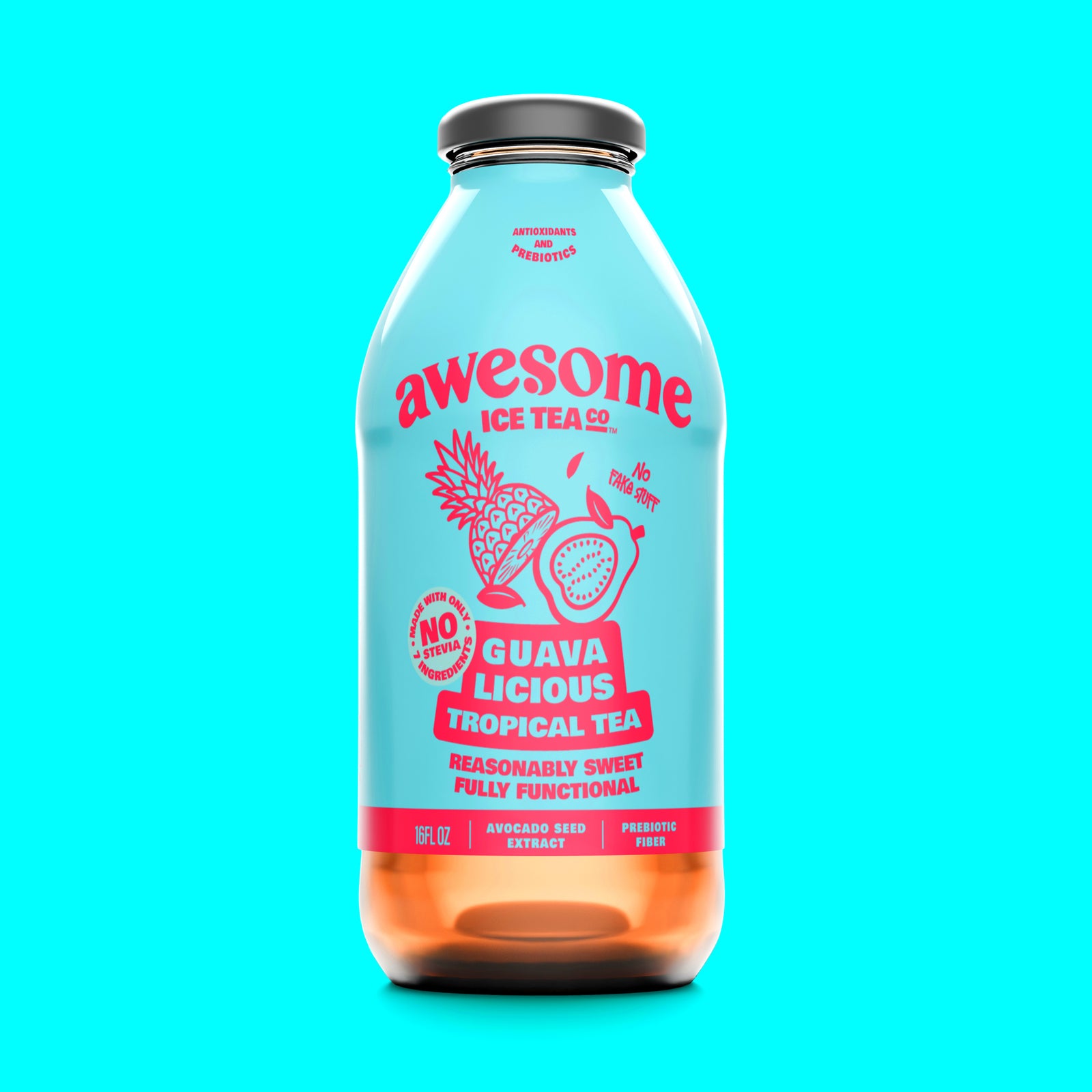 Light Blue Bottle of Awesome Ice Tea Co. Guava Licious Tropical Tea on a blue background