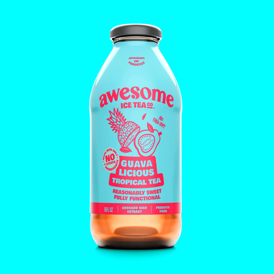 Light Blue Bottle of Awesome Ice Tea Co. Guava Licious Tropical Tea on a blue background
