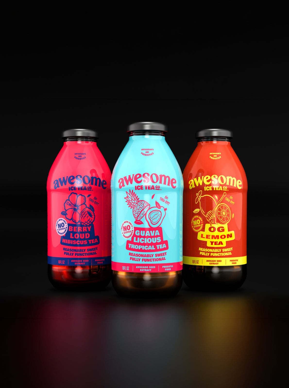 Three Awesome Ice Tea bottles with Guavalicious in front on a dark reflective surface