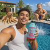 Muscular baby and dad are by the pool while an 8 legged golden retriever watches them